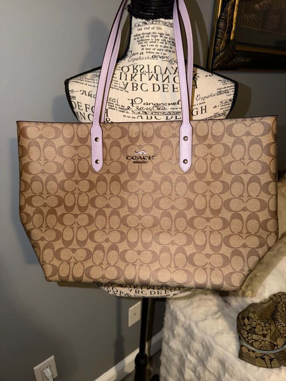 Coach Town Tote in Signature Canvas with Lilac Trim (F76636)